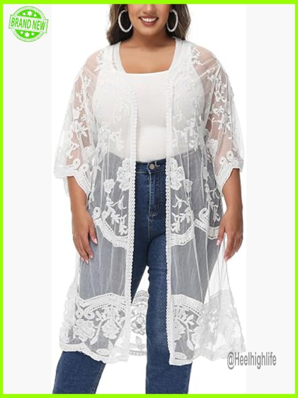 Plus Size Lace Kimono Cardigan Half Sleeve Embroidered Duster Coverup